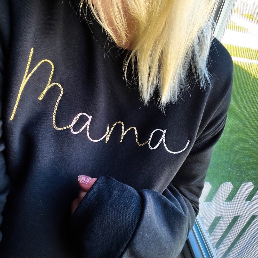 Mama Crewneck Sweatshirt Black- Chainlink Stitch Embroidered in Pink and Gold